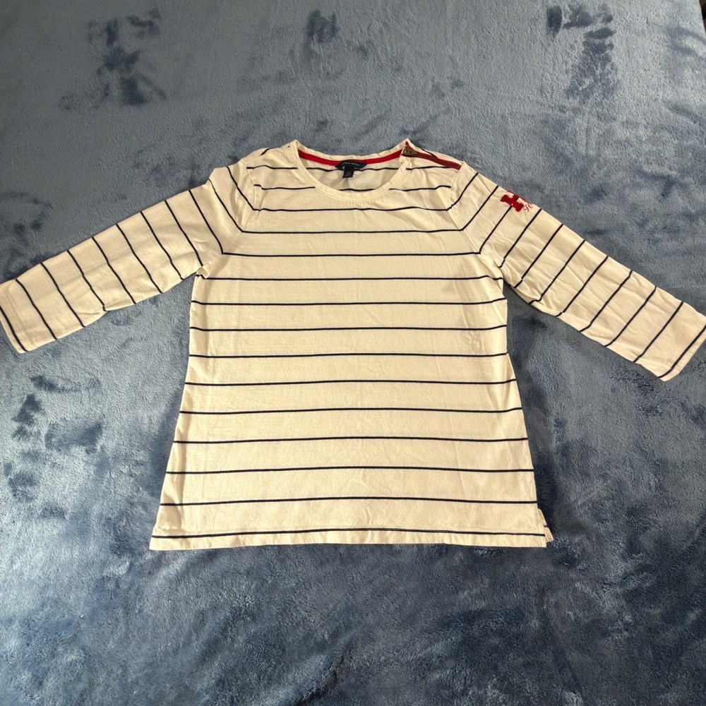 Tommy Hilfiger Striped Shirt Womens Large Cream Navy Good Sequin Zip Shoulder